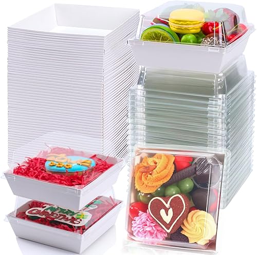 RomanticBaking Paquete de 100 cajas de charcutería de 4 x 4 x 2.55 pulgadas con tapas transparentes, cajas de panadería, cajas de galletas cubiertas