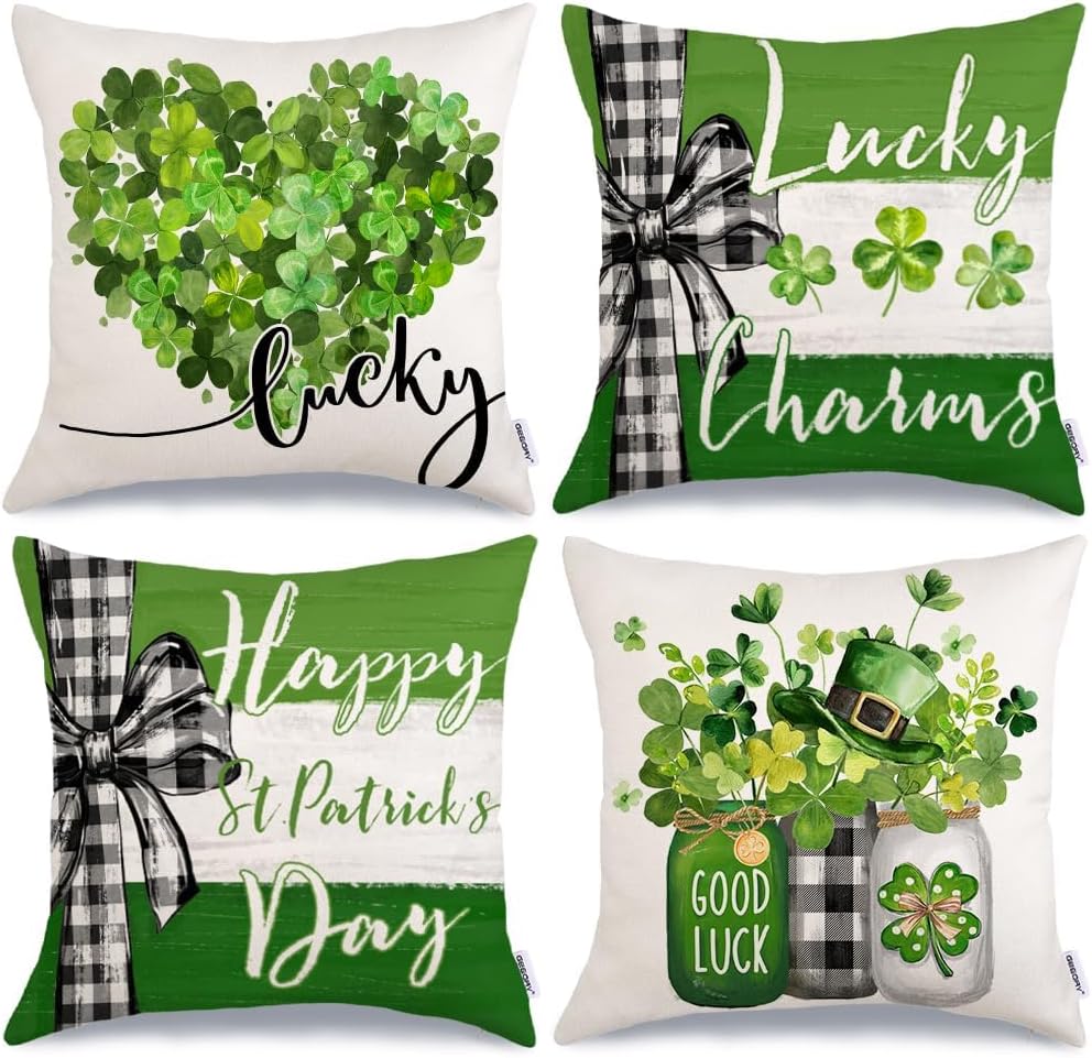 GEEORY St. Patrick's Day Pillow Covers 18 x 18 Inch Set of 4, Green Shamrock Heart Lucky Charm Buffalo Plaid Mason Jar Farmhouse Throw Pillowcases for Home Sofa Couch Cushion Decoration G439-18