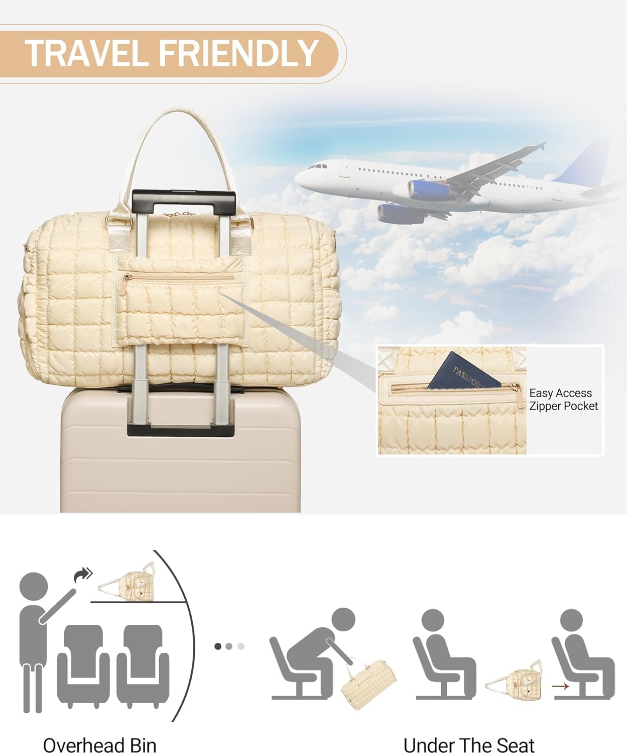 Duffle Bag for Travel, Weekender Bag with Shoe Compartment, Carry On Overnight Bag for Women with Toiletry Bag, Gym Bag with Wet Pocket, Hospital Bags for Labor and Delivery Beige - Image 6