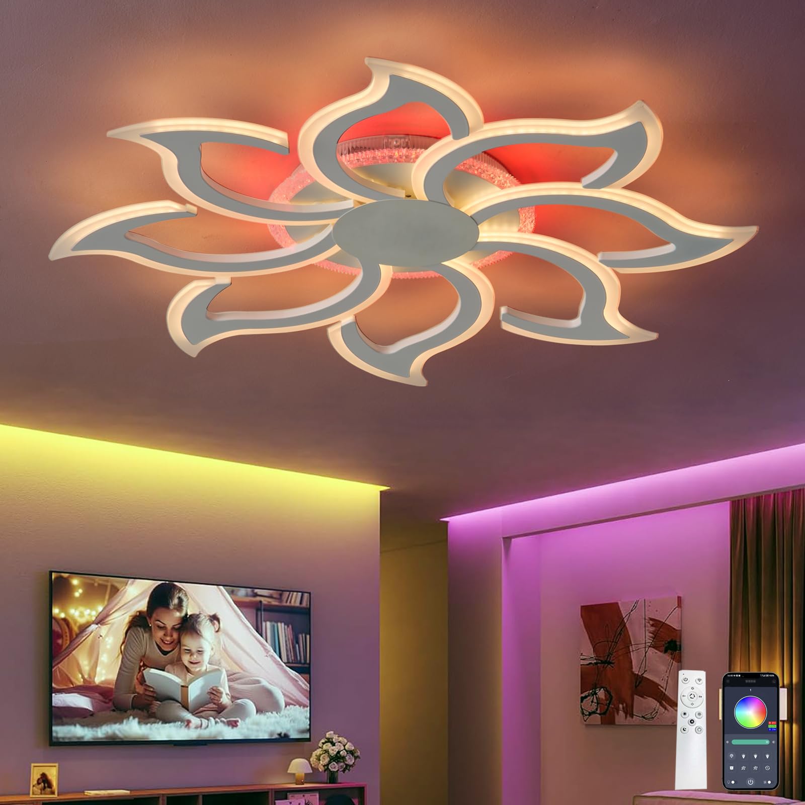 Lampara Techo RGB Luces de Techo con Flores Mando a Distancia APP Temporizador Brillo Ajustable 3 Temperaturas de Luz Nocturna y Función Memoria para Dormitorios, Blanco