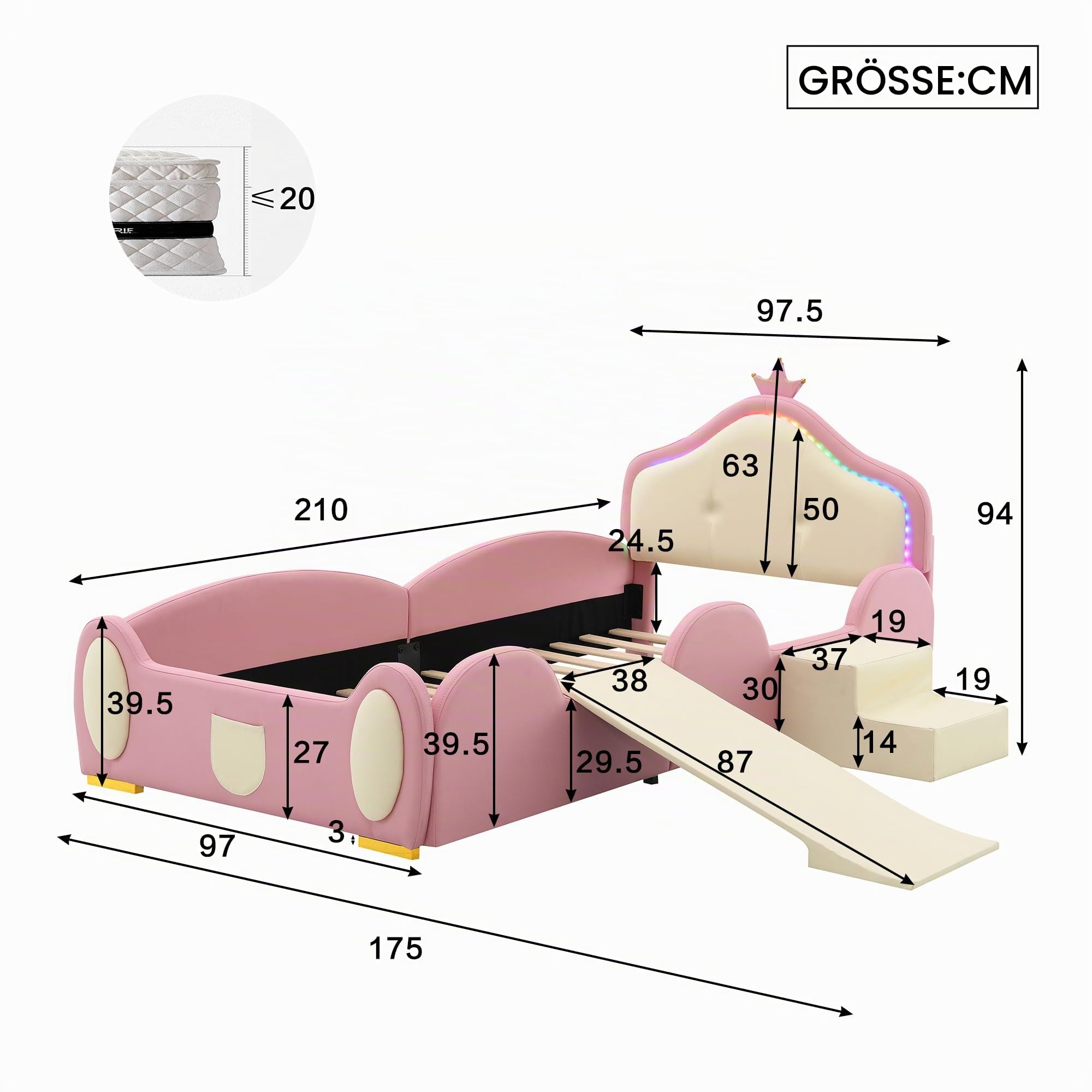 Kinderbett Polsterbett 90x200, Einzelbett Cartoon Bett mit LED Crown Kopfteil&kleiner Rutsche&Treppe, Jugendbett Mädchenbett Bettgestell mit Lattenrost&Rausfallschutz, PU, Ohne Matratze, Rosa+Beige