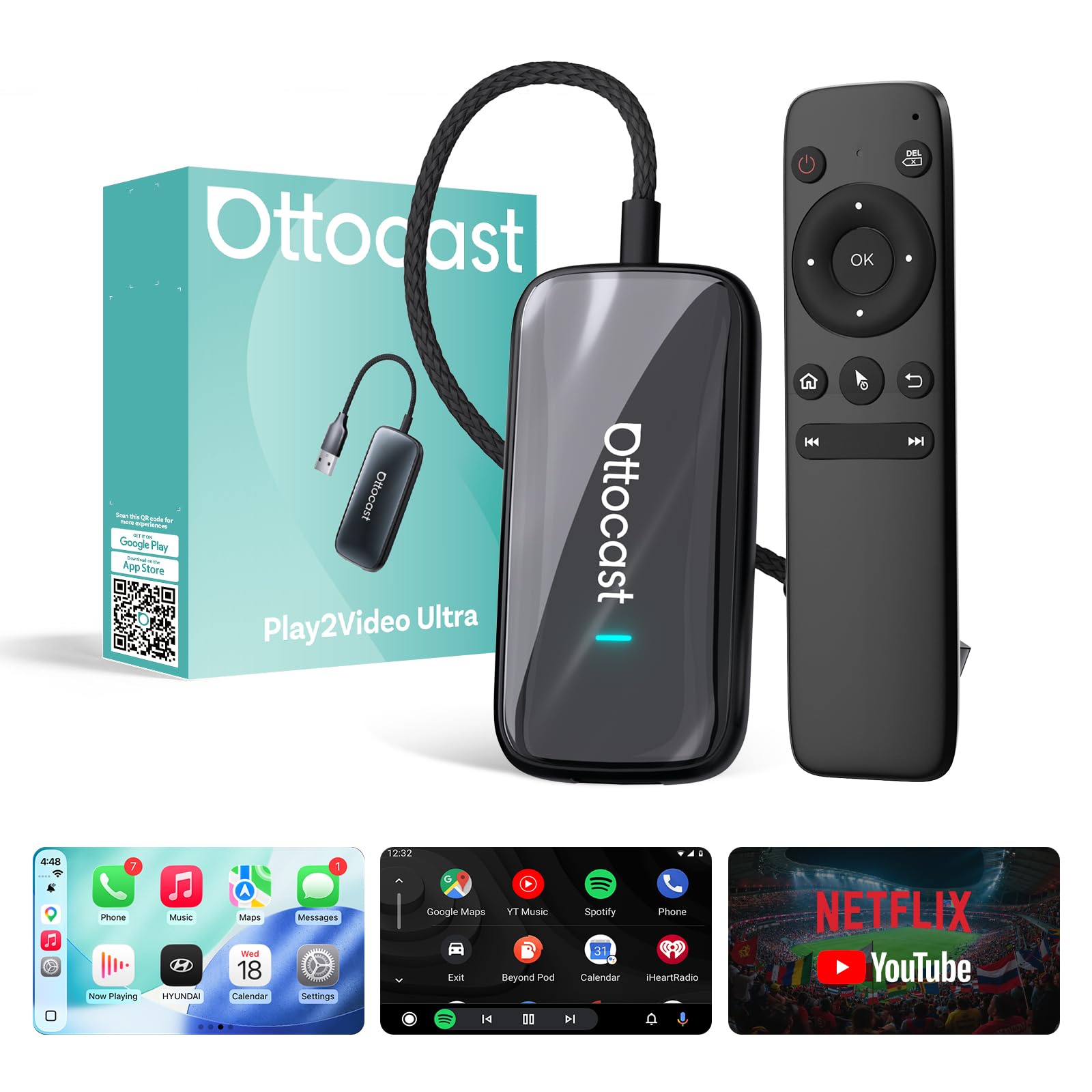 OTTOCAST Play2Video Ultra, 3 in 1 AI Box per Netflix/YouTube/Prime Video, Adattatore CarPlay Wireless e Android Auto con Chiavetta USB, Wi-Fi Dual Band, Bluetooth 5.4, 4GB+32GB, Plug & Play