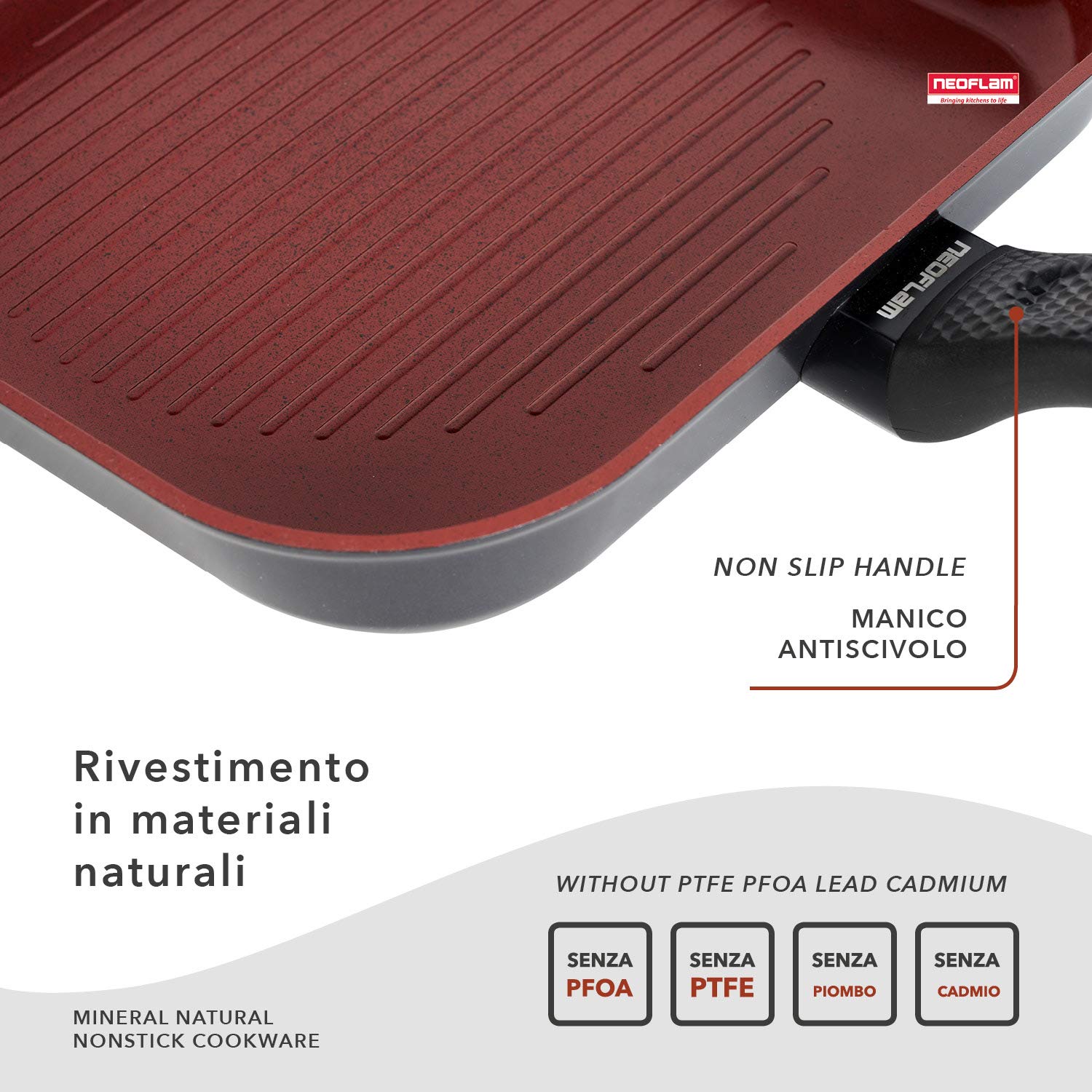 CLASSE ITALY, Linea TUSCANY, Bistecchiera cm 28 - Antiaderente naturale a 5 strati, alta resistenza, senza PTFE, PFOA, PIOMBO, CADMIO, per Induzione e Fiamma