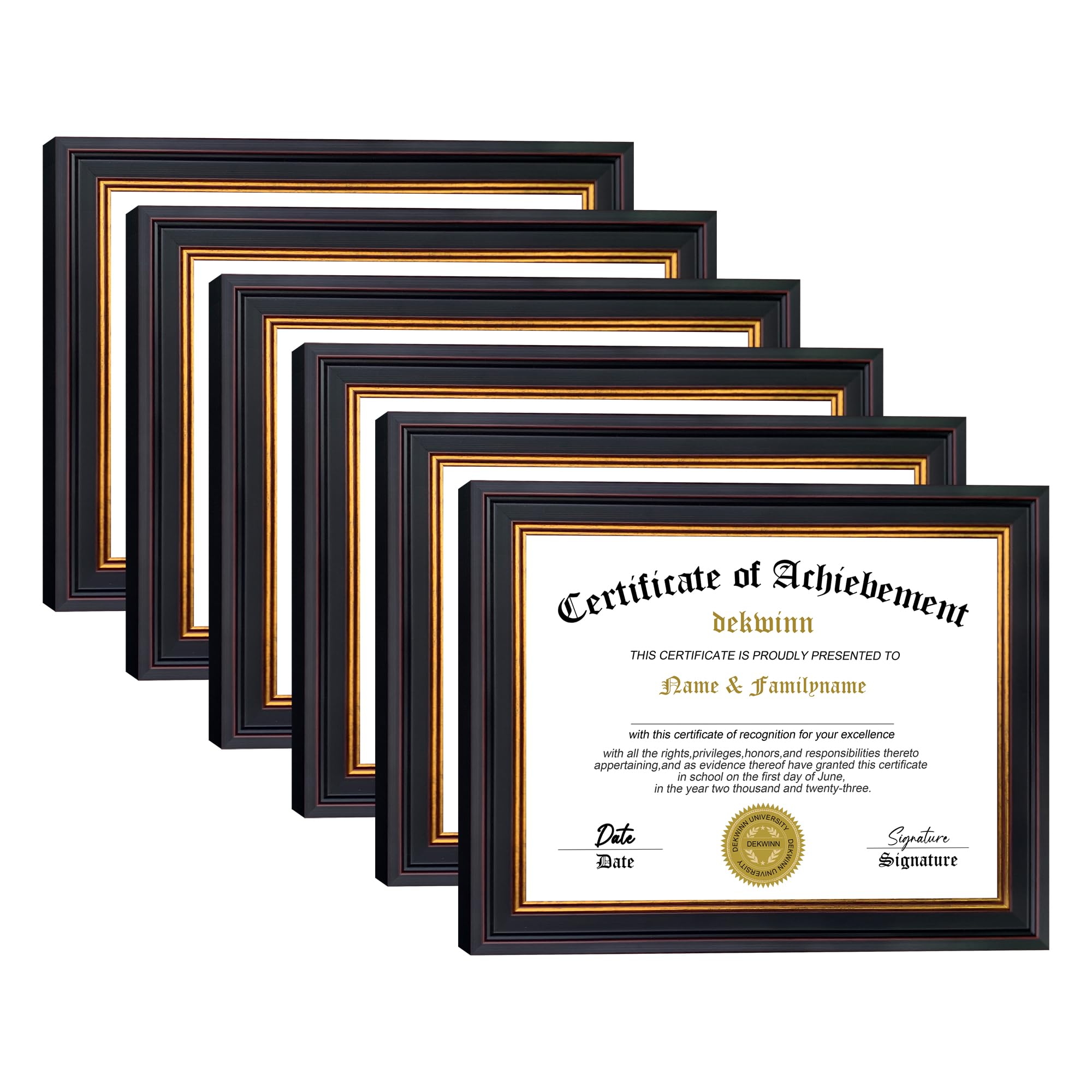 8.5x11 Diploma Frames Certificate Document Frame Set of 6 with Real Glass, Diploma Frame for Wall Gallery or Tabletop display, Black Gold Molding,Without Mat