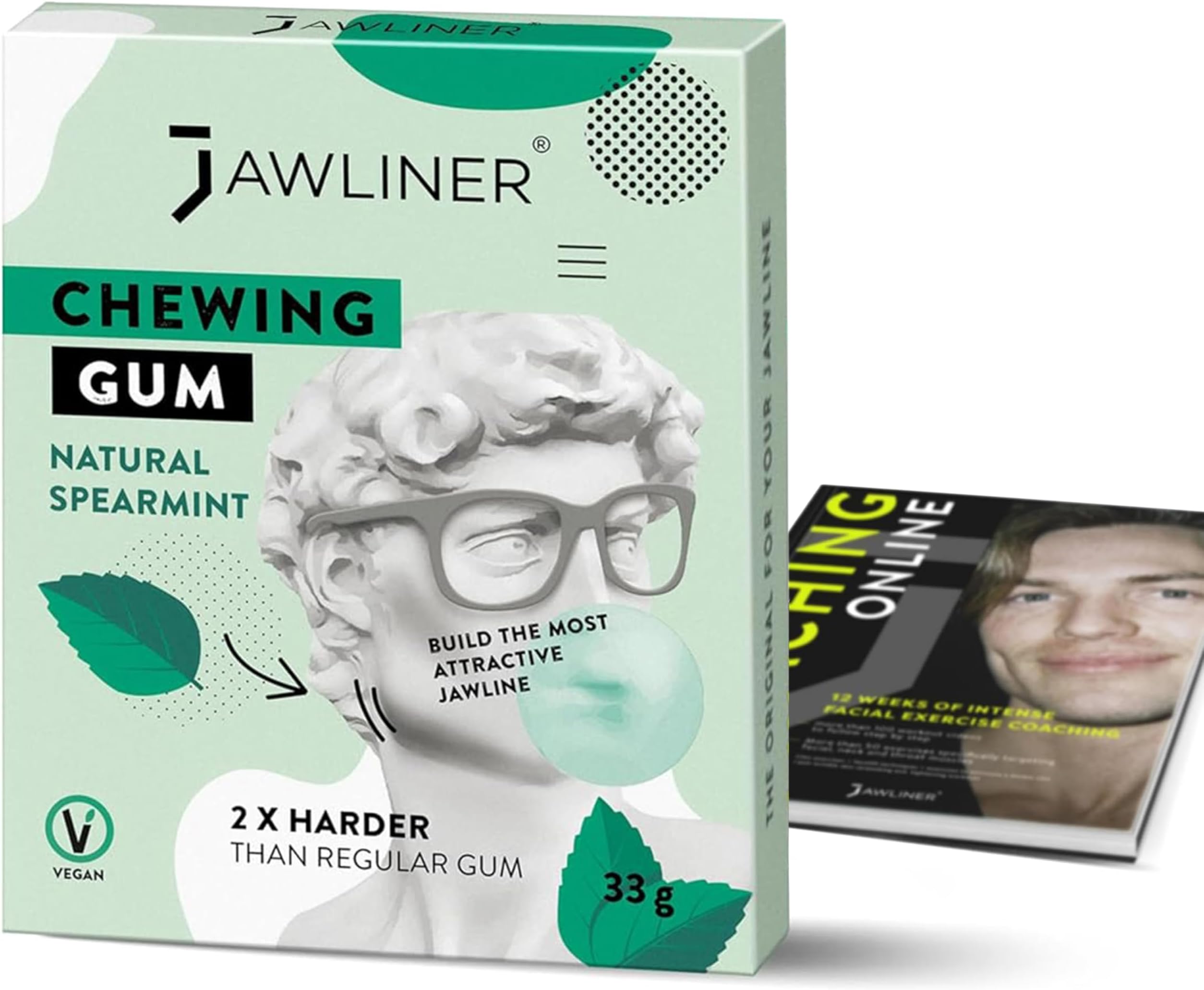 Jawliner® Hard Jawline Chewing Gum - Sugar Free Spearmint Tough Jaw Gum - Jaw Exerciser Strong Mewing Jawline Mistic Gum - 2x Harder than Regular Chewing Gum 33 Grams (12 Strips)