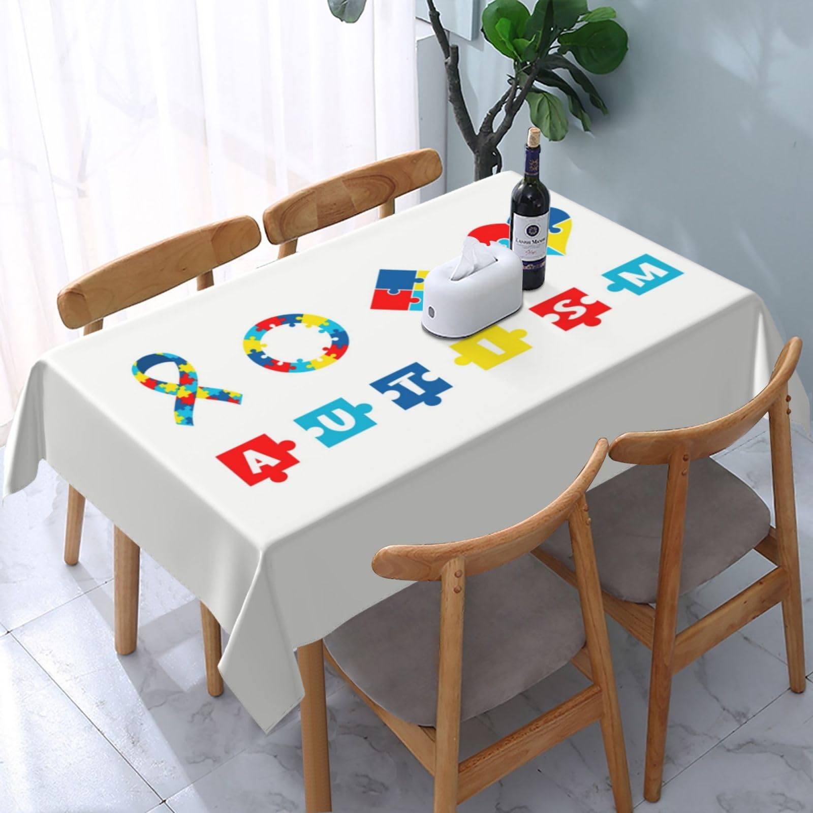 JunHeArt Autism Awareness Month Tablecloth Rectangle Table Cover Washable Table Cloths Decor For Kitchen 54" X 72"