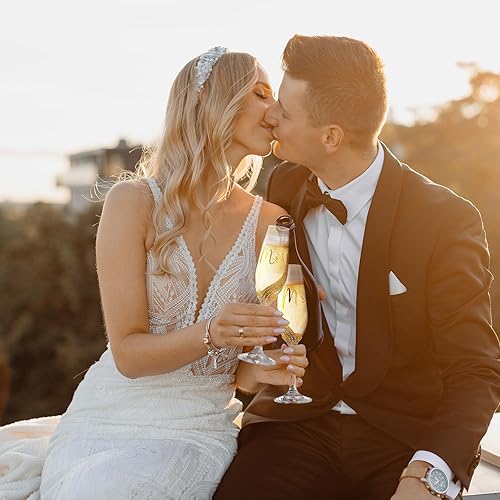 Miniatura 6 de Boao Juego de 4 flautas para tostadas de boda y servidor de pasteles, suministros de recepción de boda, copas de champán, cuchillo para tartas,