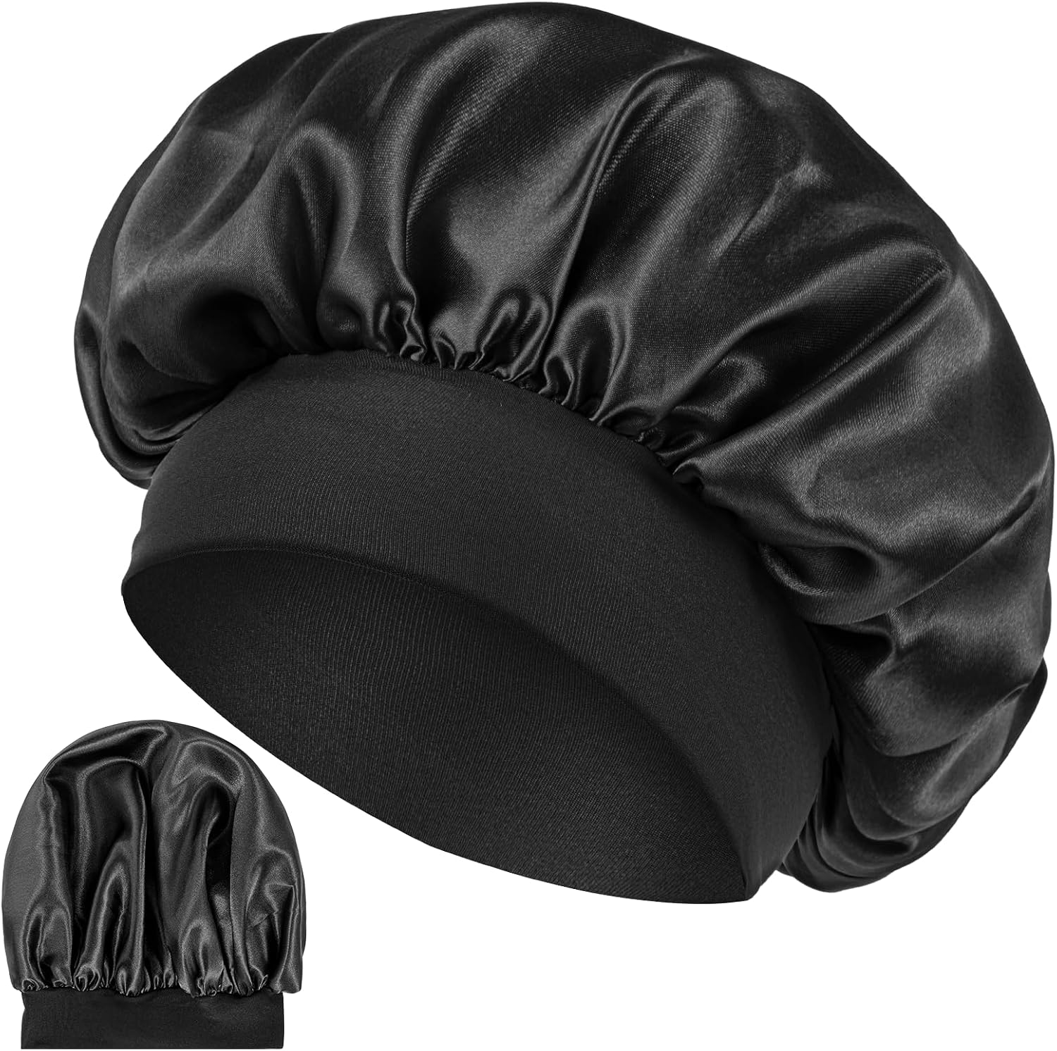 Tyqour Black Silk Bonnet for Men Women, Satin Hair Bonnets for Sleeping, Large Soft Bonnet for Curly Hair Braids, Black Women Sleep Cap with Wide Band