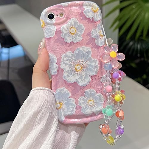 Miniatura 24 de para iPhone 13 Mini Funda rizada ondulada, linda funda protectora de pintura al óleo retro colorida con patrón de flores brillantes [con cadena de