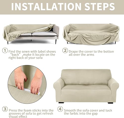 Miniatura 3 de Peryiter Juego de 3 fundas para muebles de sofá, sofá biplaza, sillón, sillón, ajuste elástico, sin arrugas, protector de muebles (beige, elastano