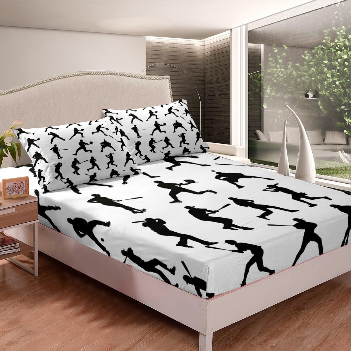 Boys Baseball Fitted Sheet Sports Theme Bedding Black White Bed Sheets Set for Kids Children Teens Bedroom Decor Gift for Baseball Player Bed Cover Twin Size with 1 Pillow Case