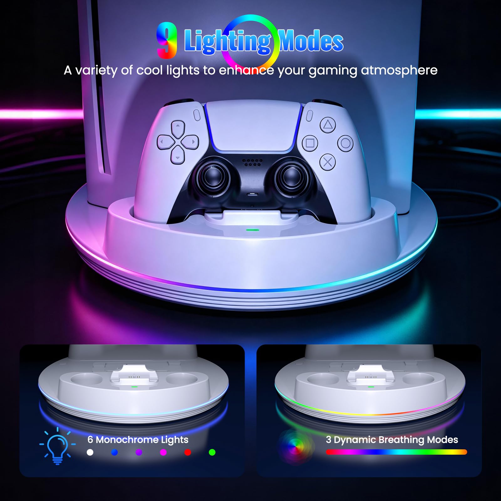 NEWDERY for PS5/Slim/Pro Stand Console, Fast Charging Station Compatible with PlayStation 5 Controllers with Adjustable RGB Light, Charging Station for All PlayStation 5 Console - White