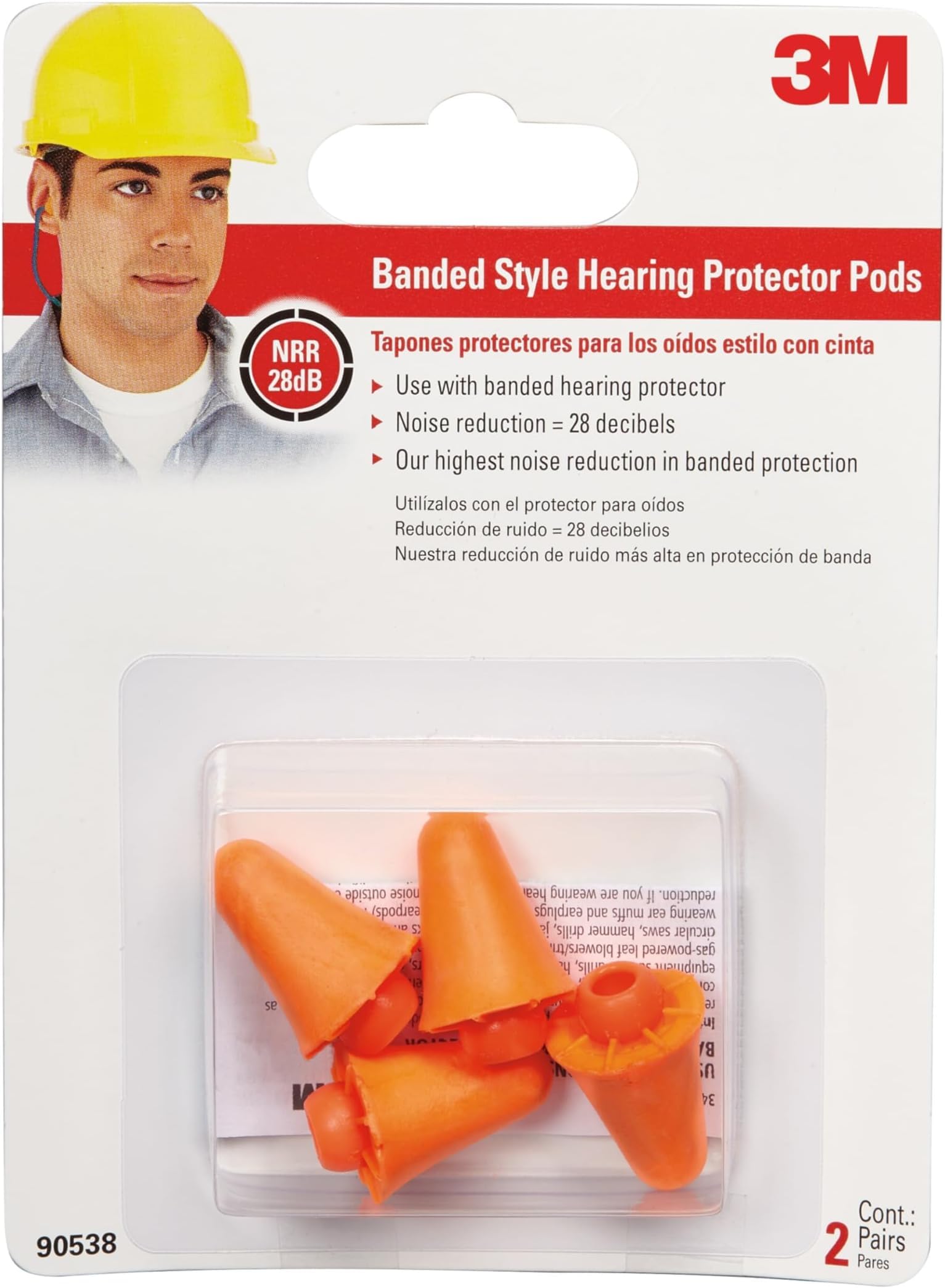 3M Replacement Pods for Banded Protector Model #90537H1-DC, 2 Pairs(4 Total Pods), Noise Reduction Rating (NRR) 28 dB, Easy to Insert &amp; Remove, Orange Ear Plug Replacements(90538-2-10DC)(Pack of 10)