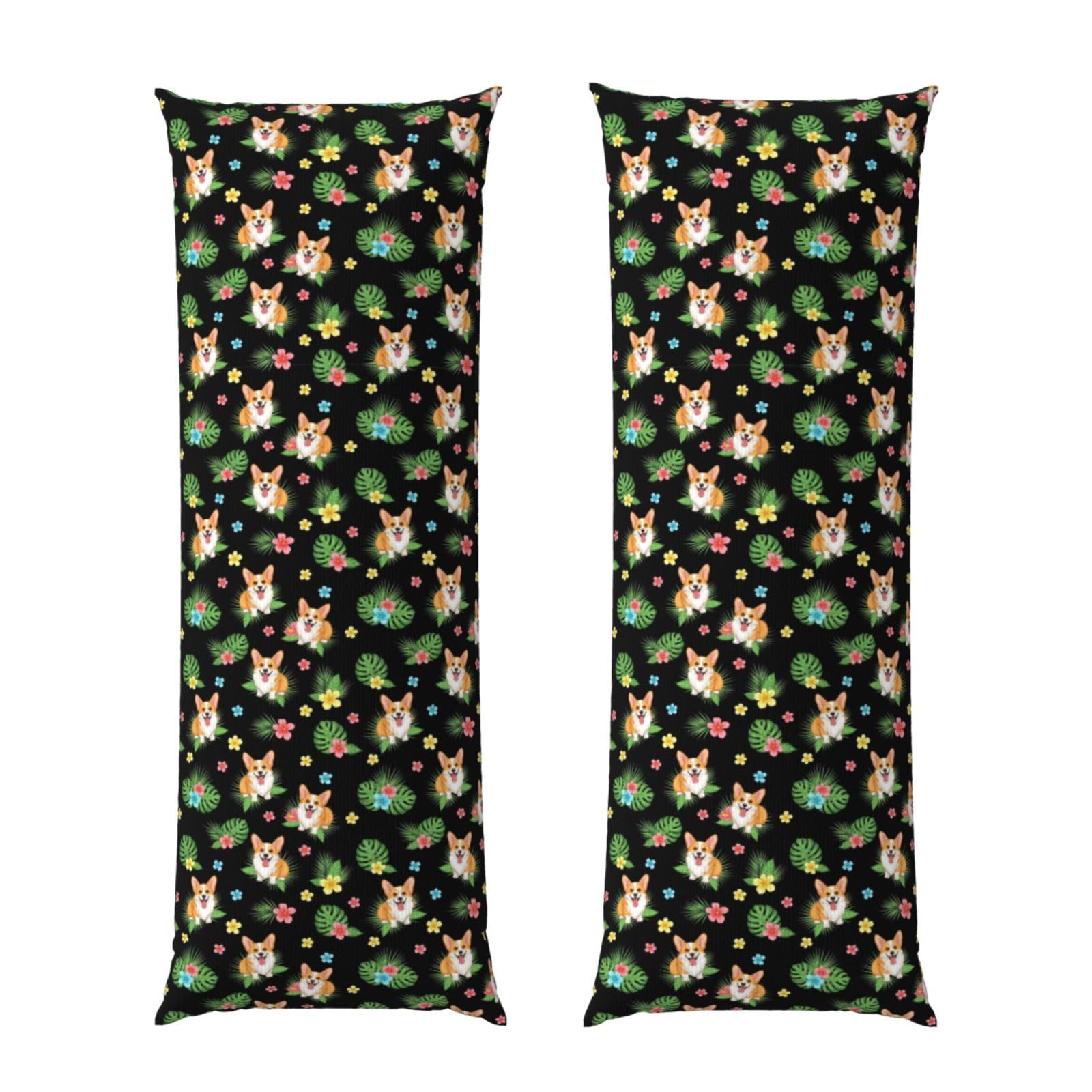 Body Pillow Cover 20x60 Inch, Cute Corgi Dog Tropical Leaves Peony Flowers, Plush Velvet Long Pillowcase with Zipper, Softffy Rectangular Case for Couch Bed Hotel Decor
