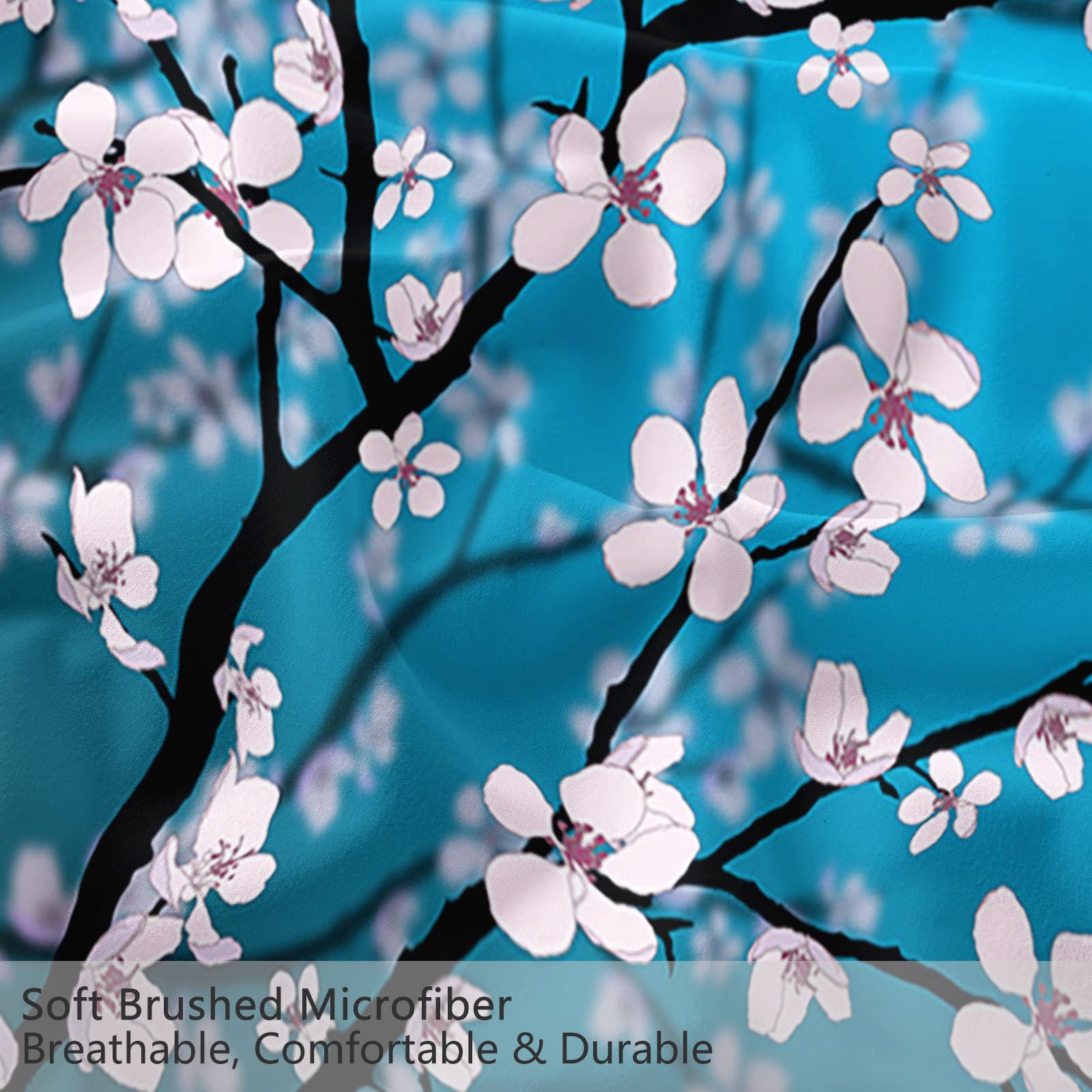 Housse de Couette 240x220 cm Fleurs de Cerisier du Japon, Parure de Lit 2 Personnes avec 2 Taies d'Oreiller 65x65 cm, Imprimé Floral Zen Réversible en Microfibre Douce et Respirante, Bleu Turquoise