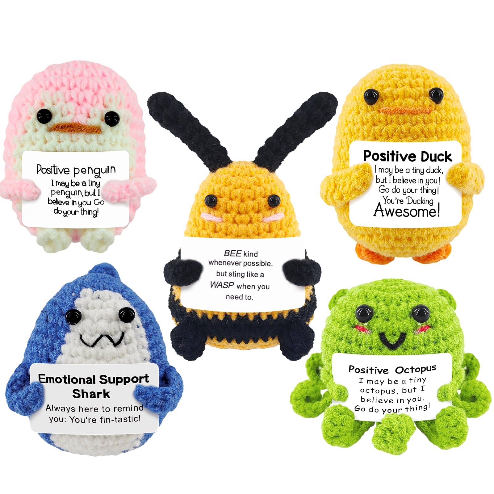 5-Piece Crochet Animals Funny Gifts - Shark, Duck Knitted Dolls with Positive Card for Cheer Up Gifts, Birthday, Party Decor