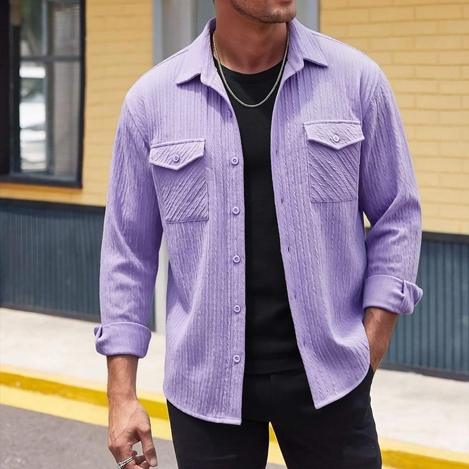 Herren Baggy Hemd Langarm Button Down Freizeithemd Regular Fit Hemdjacke Herbst Winter Mantel mit Klappentaschen