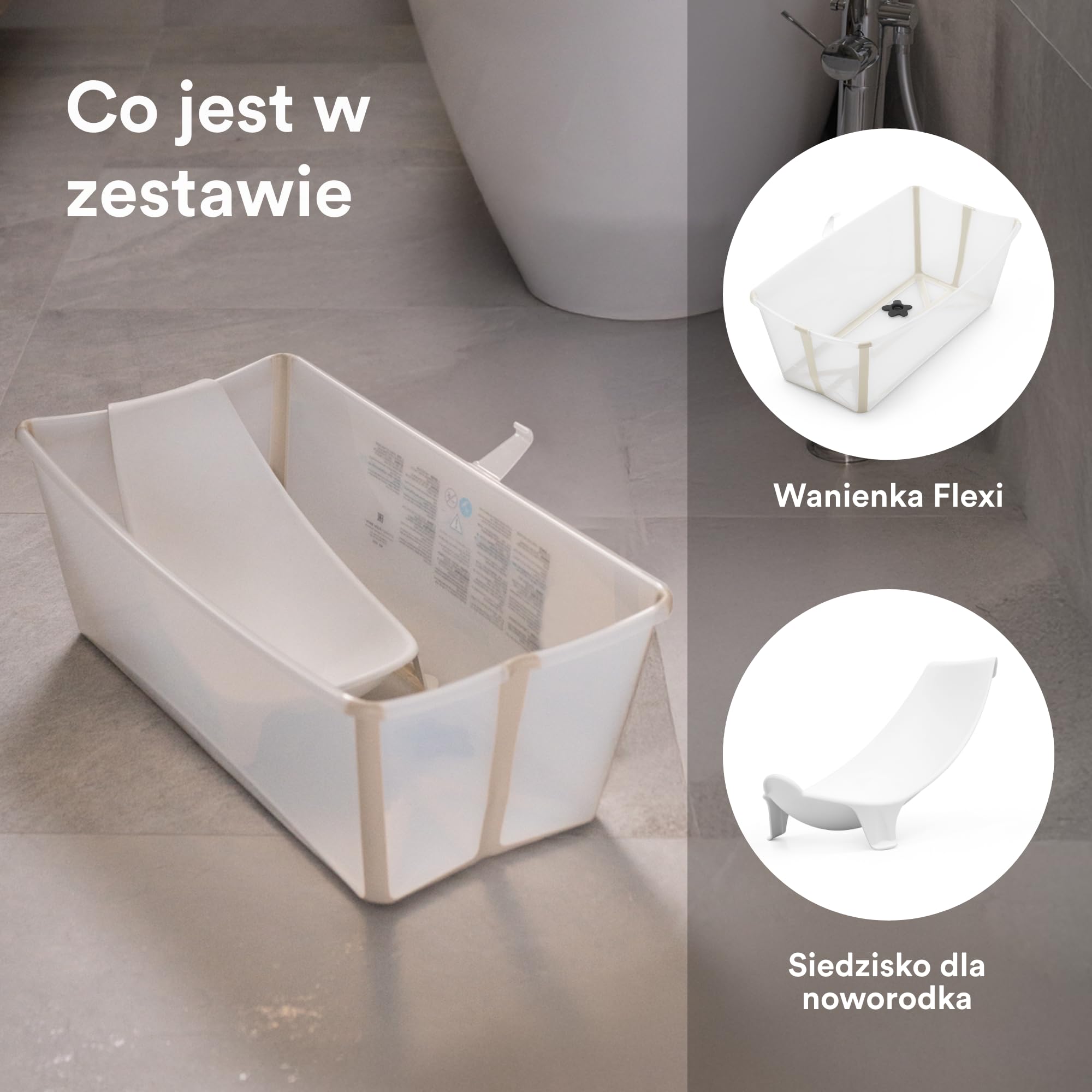 Wanienką Stokke Flexi (piaskowy beż) z siedzenie dla noworodka - trwała i łatwa w przechowywaniu - wygodna do użycia w domu i podróży - do 48 miesiąca życia