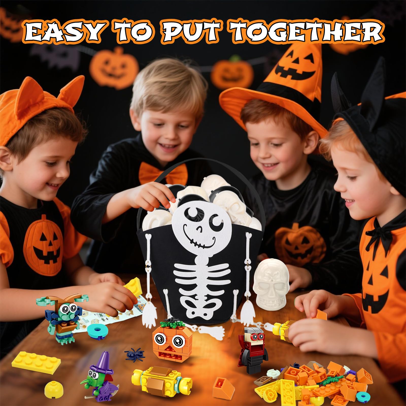 Halloween Party Bag Fillers for Kids 12 Prefilled Skeleton Skulls with 12Pcs 2- in-1-Halloween Building Blocks Toys &1 Goodie Bag - Image 2