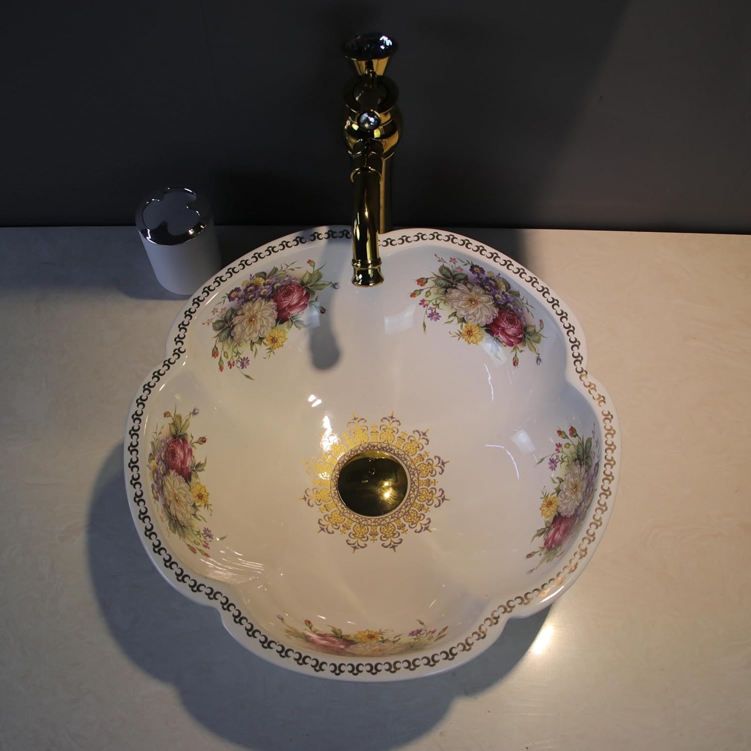 White Peony Flower Bathroom Vessel Sink with Gold Faucet and Drain Combo for Vanity Top
