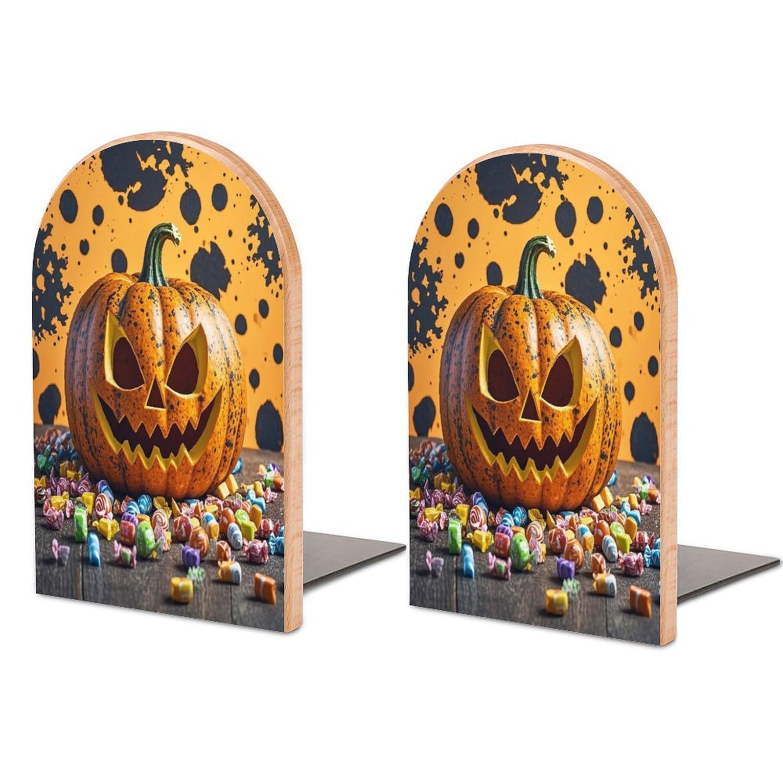 Pumpkins and Candies Bookends 1 Pair Heavy Duty Book Ends for Shelves Non-Skid Bookend Supports Wooden Book Holders with Metal Base Desk Organizers Books Storage to Hold Books