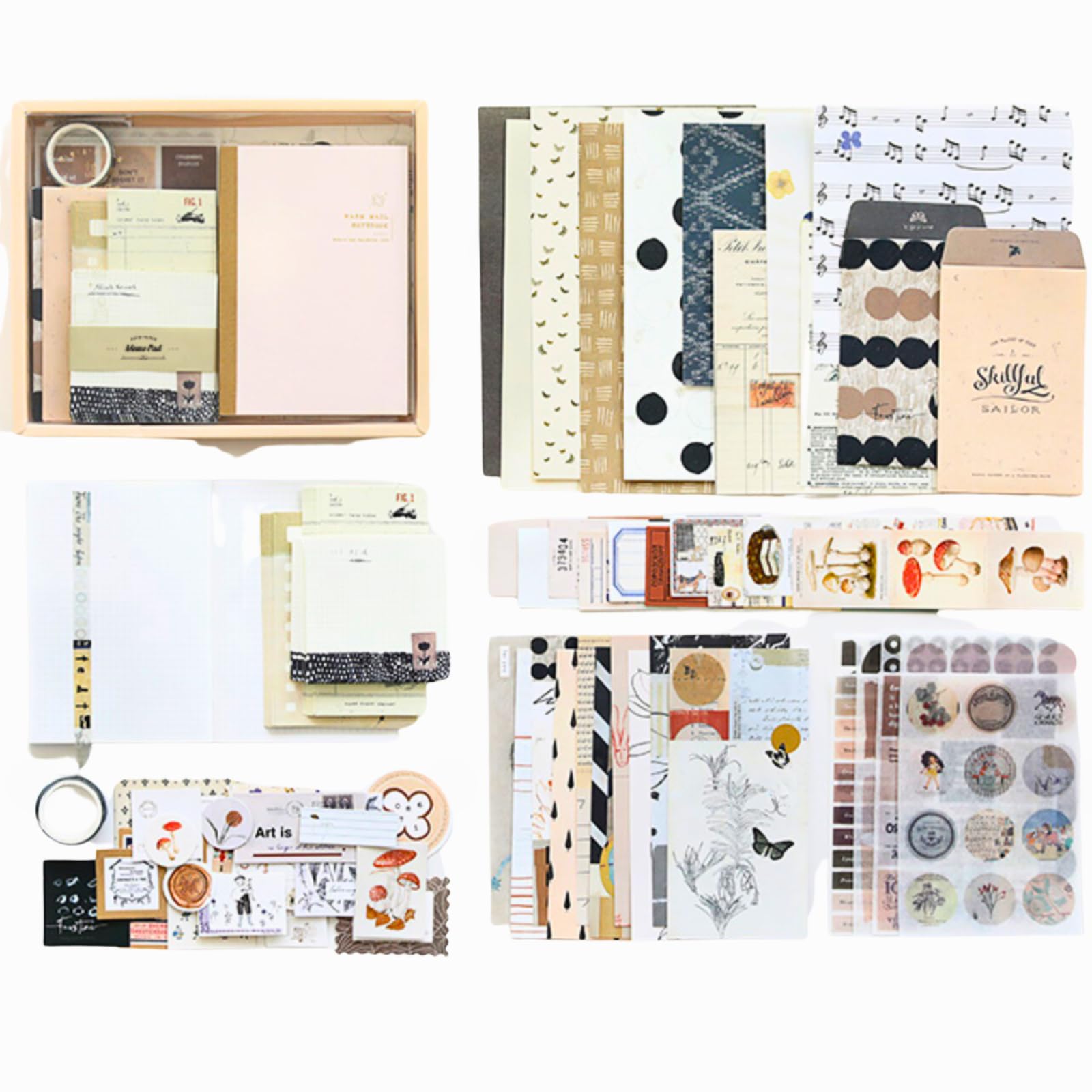 The AutoStory Vintage Scrapbooking Kit A6 Junk Journal Notebook Retro Decals Craft Paper Washi Tape DIY Art Diary Planner Decor Memory Keepsake Present for Teens Girls (by Rotat Street, Beige)