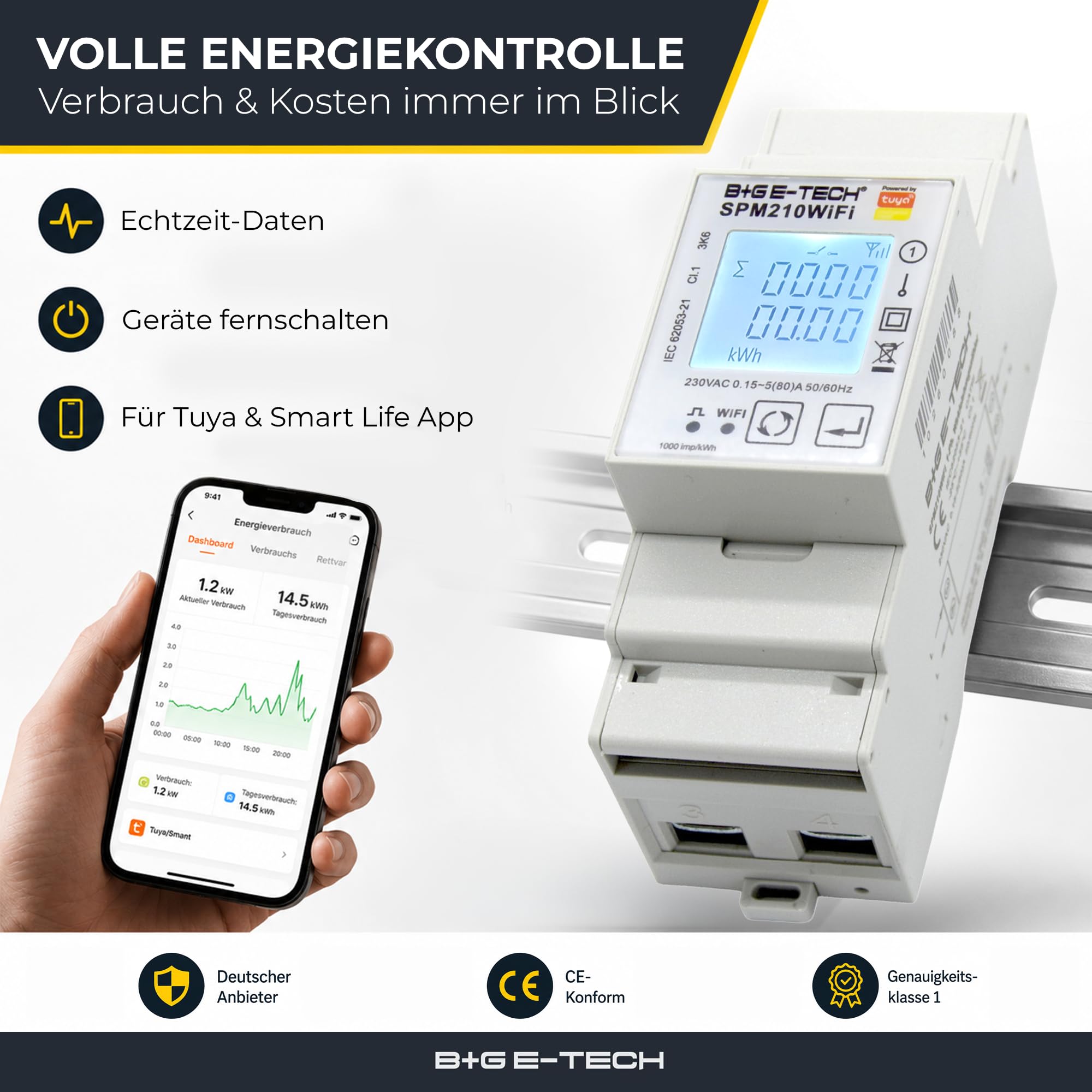 B+G E-Tech SPM210WiFi - Contador de corriente alterna digital (1 fase, con aplicación inteligente Tuya, relé y S0, contador de dos direcciones 80 A para Wallbox, balcones y PV)