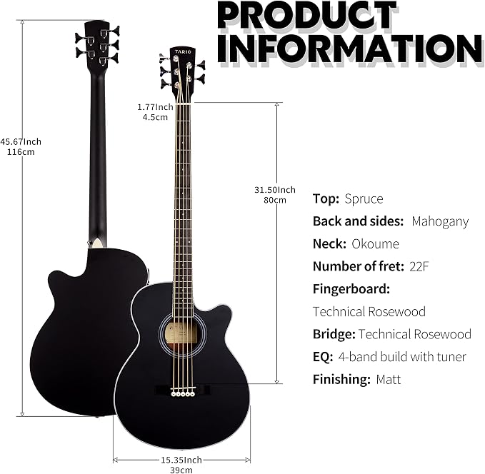 TARIO 5 String Electric Acoustic Bass spruce top Mahogany back & sides (Fretted) miniatura 3