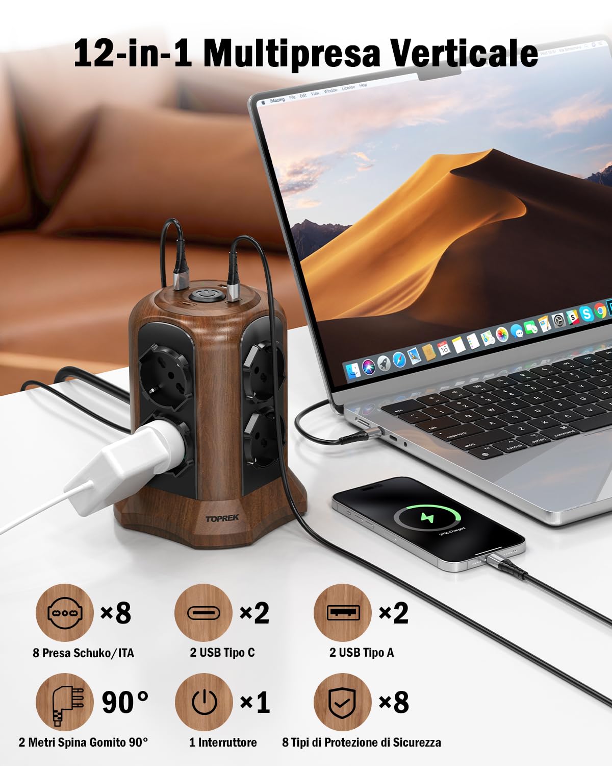 TOPREK Multiprise Verticale Couleur Bois Marron avec 8 Prises Schuko universelles ITA 10/16A et 2 USB C (Charge Rapide PD3.0 20W) 2 USB A, multiprise électrique 2M avec Interrupteur, Prise coudée 90°