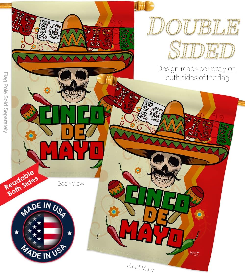 Calavera Cinco de Mayo House Flag - Summer Party Cactus Pinata Sombrero Mexican Fiesta Outdoor - Decoration Banner Small Garden Yard Gift Double-Sided Made in USA 28 X 40