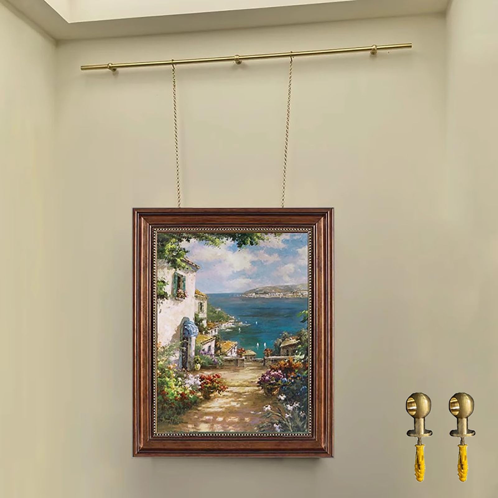 Système d'accrochage de Tableaux Robuste - Kit de Rail de Suspension en Laiton de 70 cm (27,5 po) pour galerie d'art, avec Clous, Fixation Murale pour Photos de Villa, béton et cloisons sèch