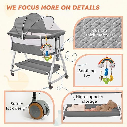 Miniatura 4 de Cuna para Bebé 4-en-1 para Colocar al Lado de la Cama, Cuna al Lado de la Cama con Ruedas, Cuna con 6 Alturas Ajustables con Colchón Suave,