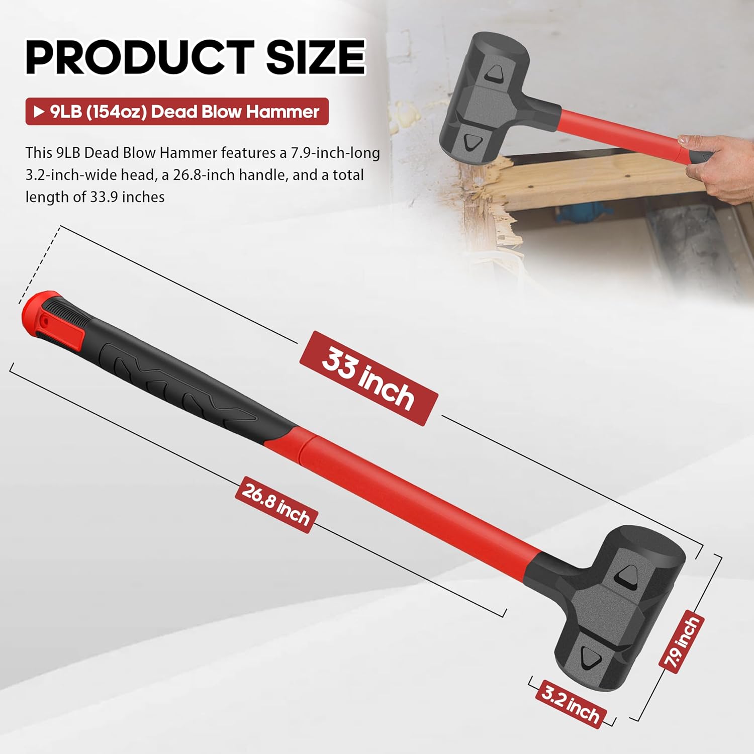YIYITOOLS 9LB Dead Blow Hammer, 33” Long, One-Piece Forged Carbon Steel, Steel Ball-Filled Head, Ergonomic Anti-Vibration Rubber Grip, Spark and Rebound Resistant, 9-Pound Head, 154oz