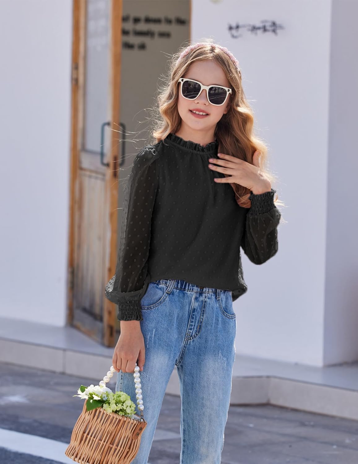 Arshiner Girls Long Sleeve Shirts Chiffon Blouses Swiss Dot Frill Neck Casual Loose Cute Top Tee - Image 5