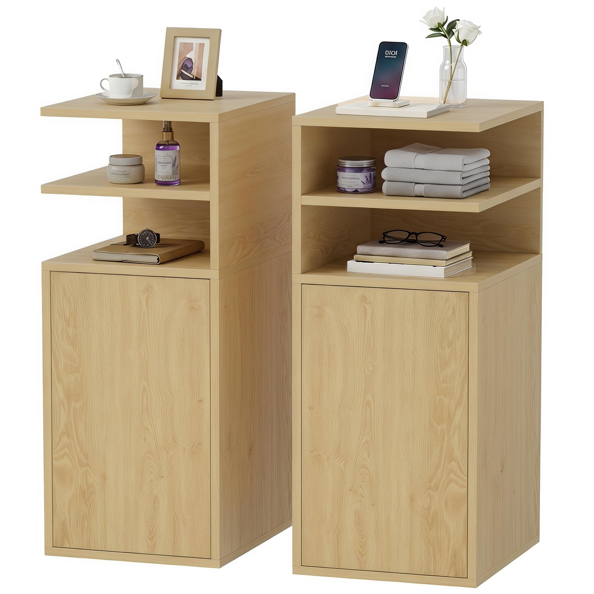 HOMCOM Slim Bedside Table Set of 2 with Open Cubbies 30 x 25 x 60 cm Oak