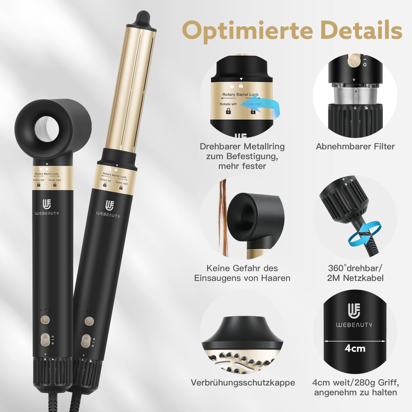 webeauty 6 in 1 Airstyler, Hochgeschwindigkeit Föhn mit Föhnbürste-Schwarz | 110,000U/Min,30M/S, Föhn mit Föhnbürste, Rundföhnbürste, Air Lockenstäbe, 500 Millionen Negative Ionen Hairstyler