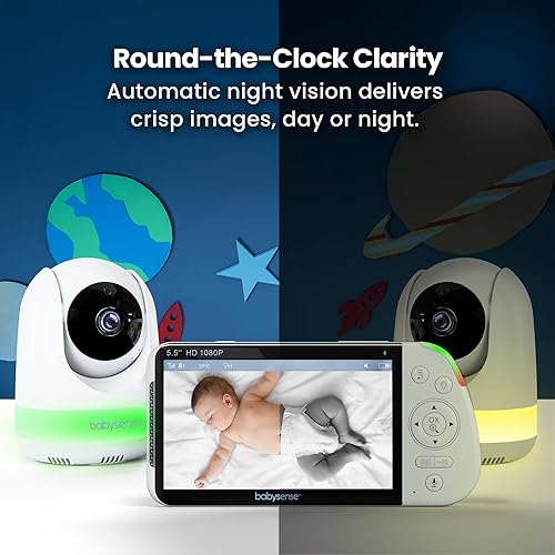 Miniatura 14 de Babysense Monitor de bebé con pantalla dividida Full HD de 5.5 pulgadas y 1080p, monitor de bebé de video con 2 cámaras y audio, luz nocturna RGB