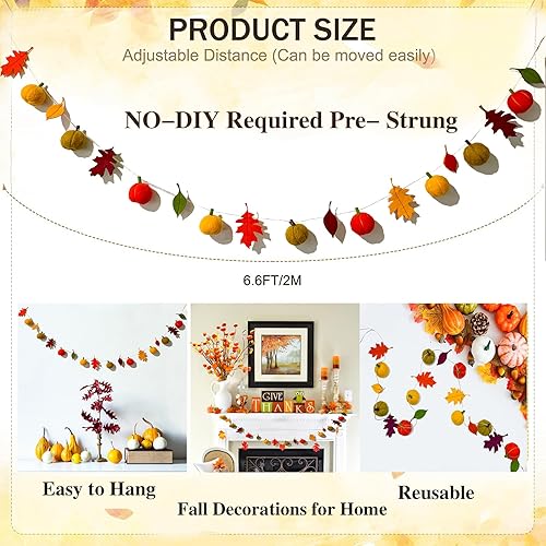 Miniatura 3 de Guirnalda de calabaza de fieltro con hojas de arce, guirnalda de fieltro de otoño de 78 pulgadas, guirnalda de pompones de otoño para manto, Acción