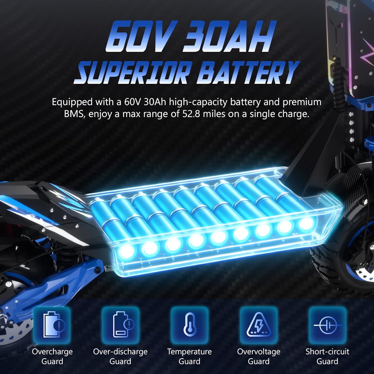 JL80 Electric Scooter for Adults, 6000W Dual Motor, 40 Mph Top Speed, 52 Miles Max Range, 60V/30AH Battery, Dual Suspension Hydraulic Braking System, Foldable e-Scooter with Speaker