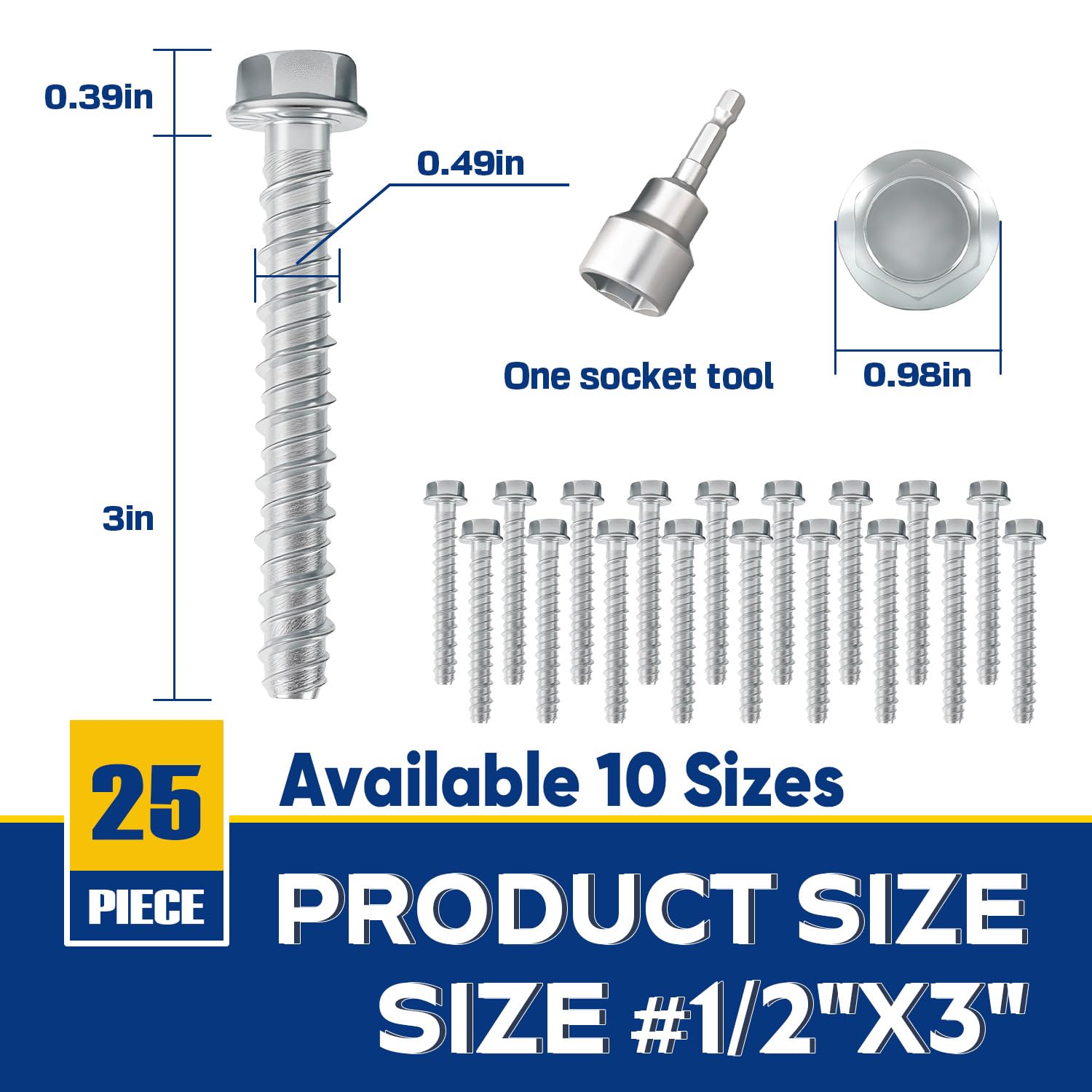 1/2" x 3" Large Diameter Concrete Screw 25 Pack - Heavy Duty Concrete Anchors, Masonry Screws for Brick, Block, Wood & Framing - Zinc Plated Hex Screws