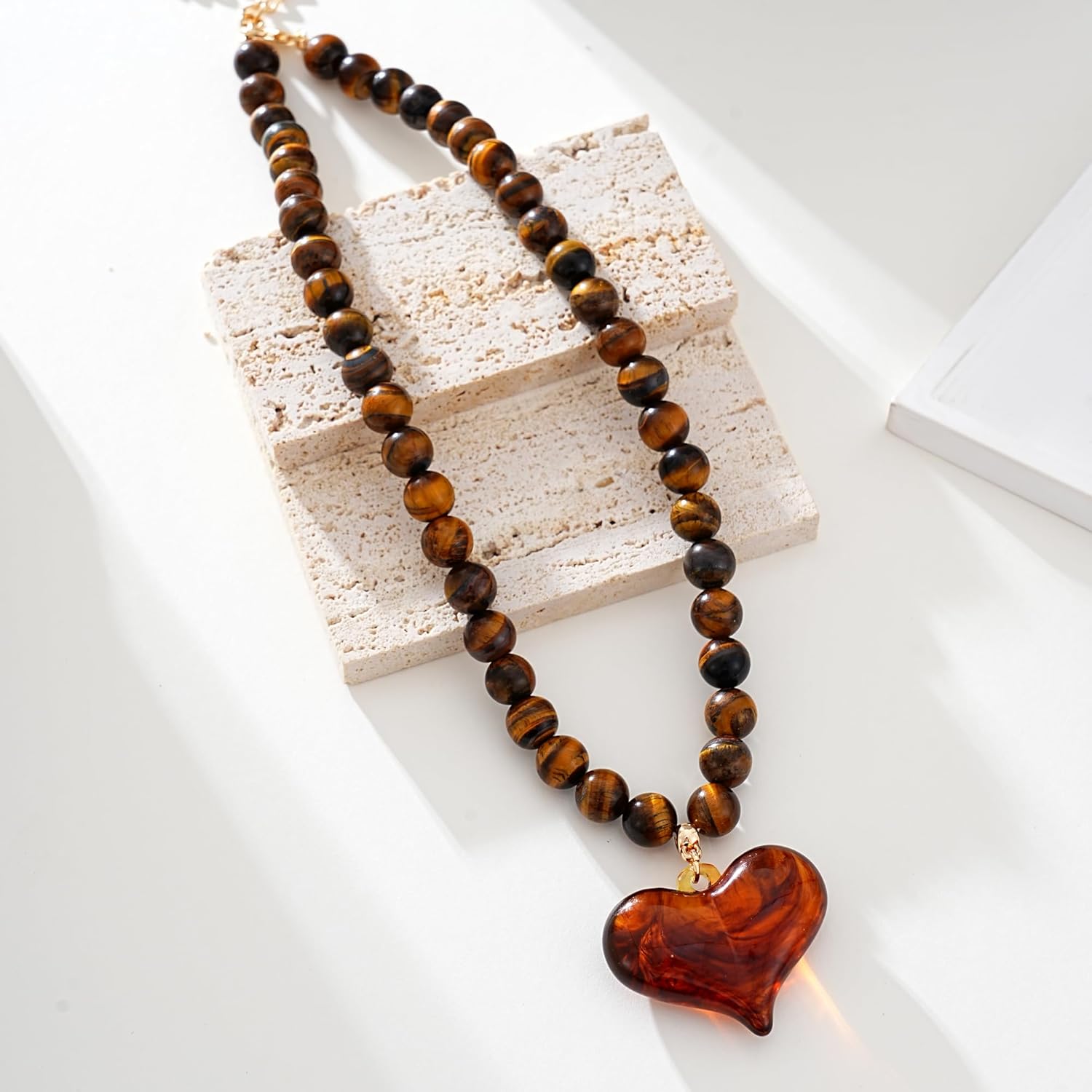 Chunky Stone Beaded Necklace Amber Puffy Resin Heart Pendant Necklace for Women - Tiger Eye Vintage Boho Choker Adjustable Statement Jewelry Gift - Image 2