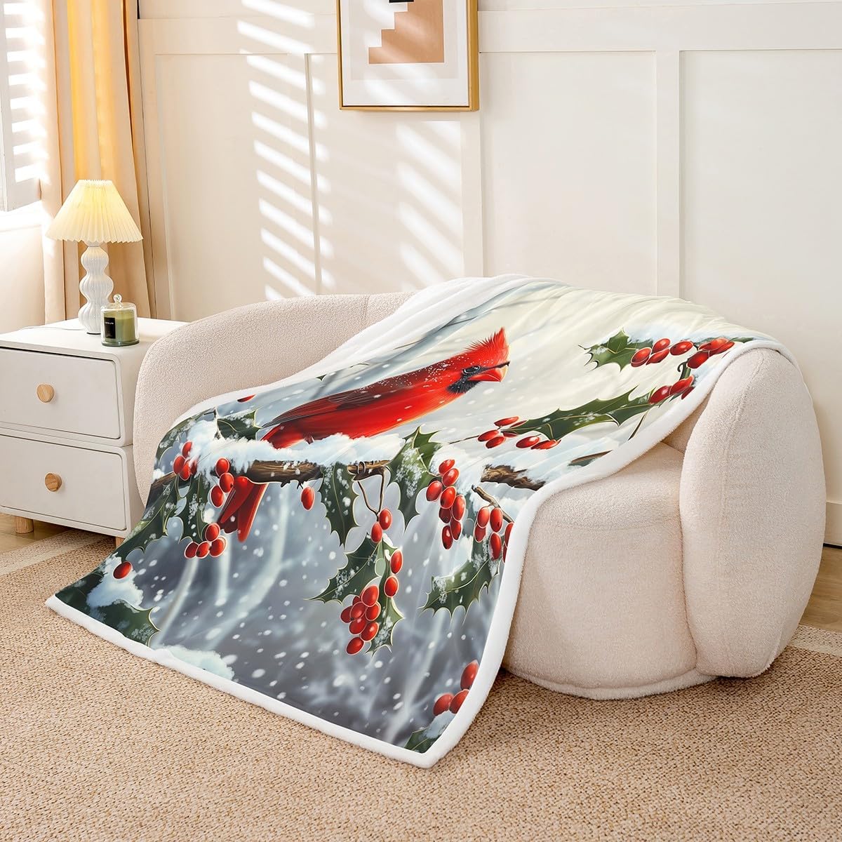 Erosebridal Red Cardinal Fleece Blanket Twin 60"X80" Winter Christmas Cardinal Sherpa Blanket for Kids Adults Bed,Xmas Branch Snowflake Throw Blanket Christmas Leaves Fuzzy Blanket