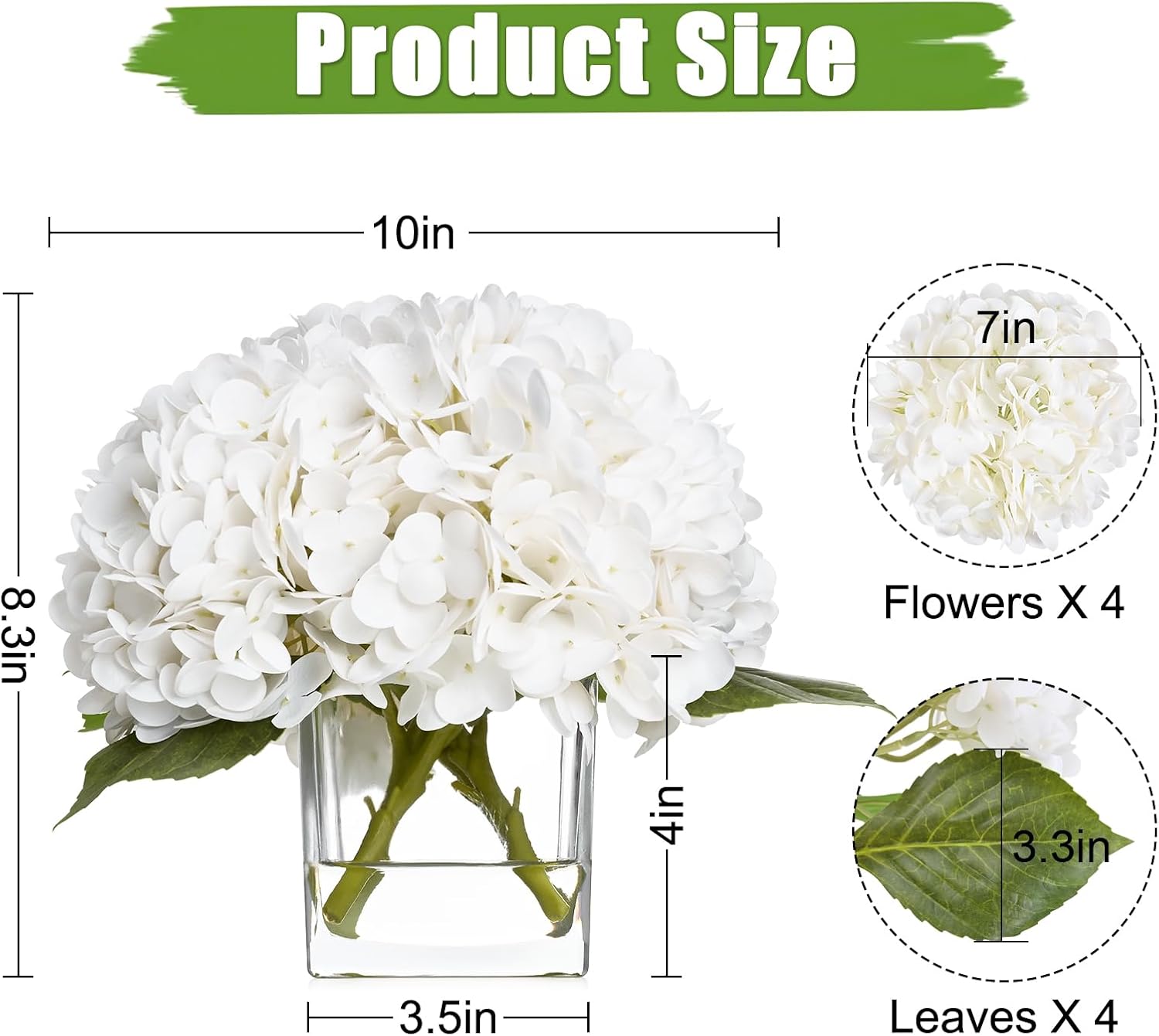 BLEUM CADE Luxury PU Fake Flowers in Vase with Faux Water, White Real Touch Hydrangea Artificial Flowers with Glass Vase for Office Home Dining Room Centerpiece Table Decorations - Image 6