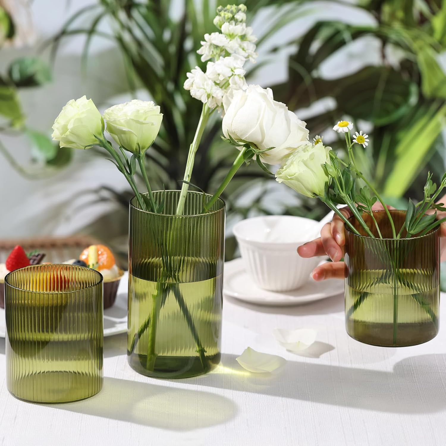 Glass Ribbed Cylinder Vase Set of 6, Bud Vase for Wedding Centerpieces, Green Flower Vases Bulk, Hurricane Floating Candle Holder, Decorative Flower Vase for Table Housewarming Gifts (Green) - Image 6