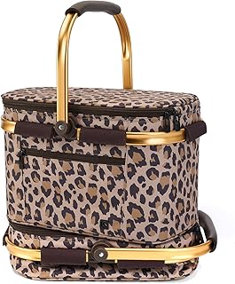 ALLCAMP Picnic Basket - Insulated Cooler, Thickening Foldable Picnic Basket with Removable Baskets & Sewn-in Frame, Basket for House Warming Gifts New Home(Leopard Print)