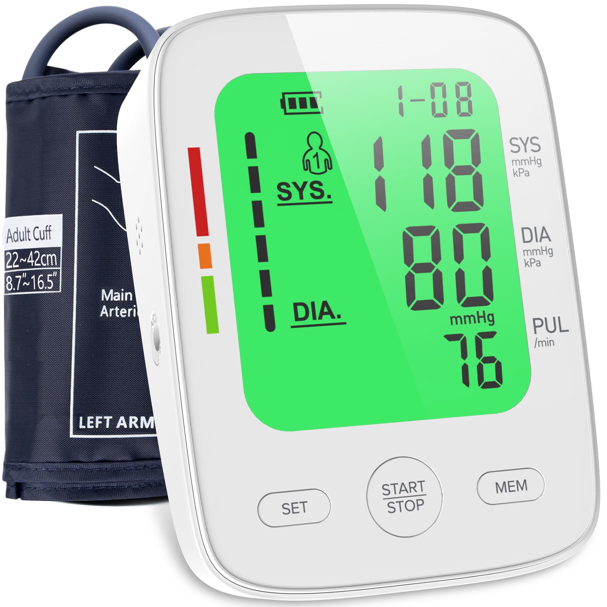 Tensiómetros de brazo eléctricos con gran pantalla LCD tricolor, clínicamente validado, brazalete ajustable tamaño 22-42cm, Detector defrecuencia cardiaca, detección de arritmias, 2 x 99 Memorias