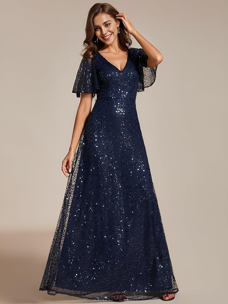 Ever-Pretty Abito Da Sera Con Paillettes - Scollo A V Elegante Per Cerimonie E Matrimoni - Foto 3