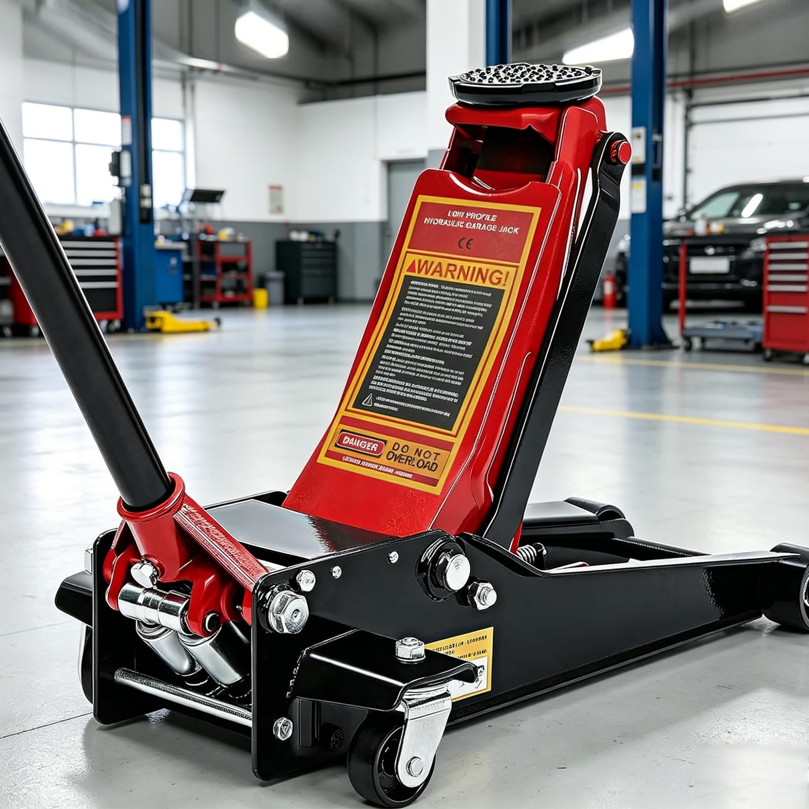 3 Tonne Trolley Jack Hydraulic Car Jack, Low Profile Floor for Car Van, Heavy-Duty Steel Hydraulic Lift with Dual Pump System, Handle Swivel Wheels, High Lift Garage (Red) - 3