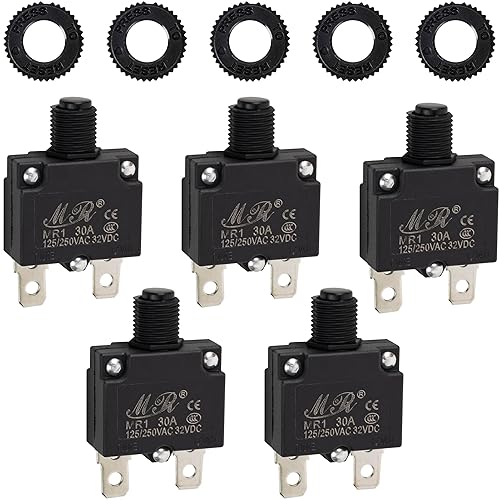 Miniatura 9 de BlueStars Paquete de 5 disyuntores térmicos de 15 amperios 125/250 V CA 32 V CC, protector de sobrecarga con botón de reinicio manual, terminales