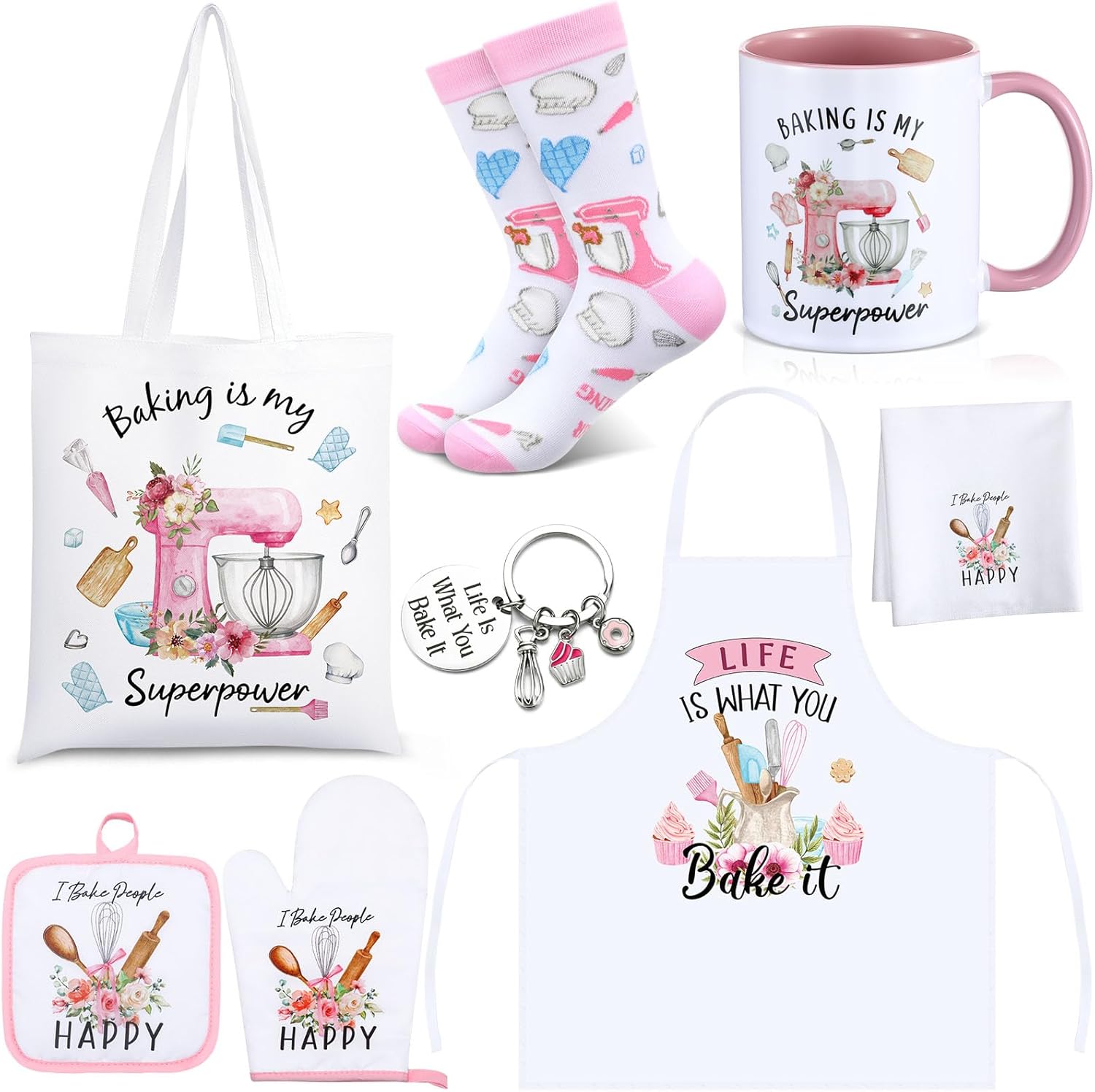 8 Pcs Baking Gifts Set for Women Baker Gift Funny Baking Lover Cute Aprons Oven Mitts Mat Supplies for Valentine's Mother's Day Mom Wife Grandma Cooking Bake Housewarming Birthday